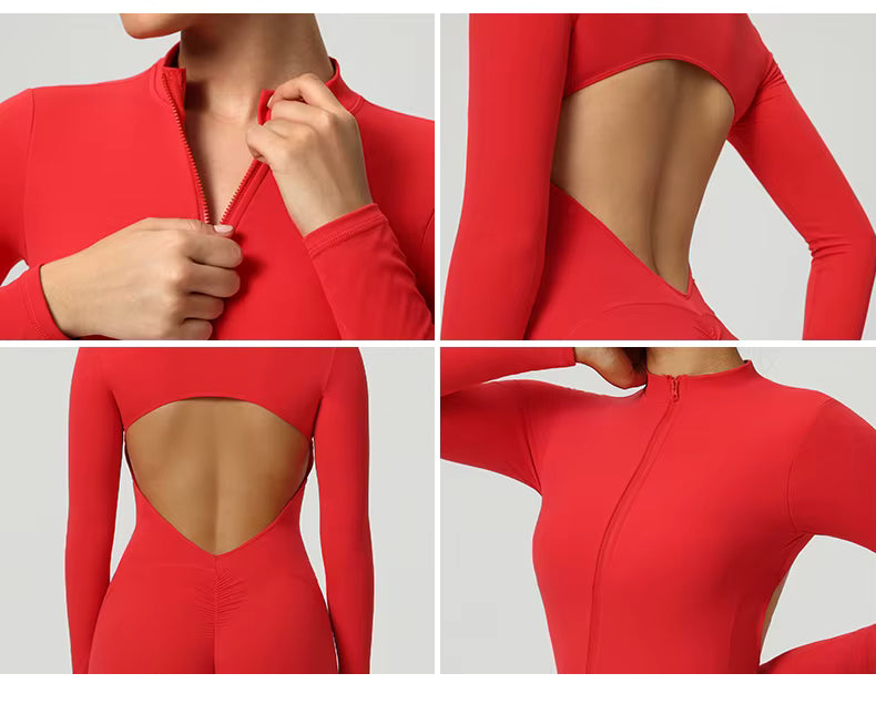 SculptFit Long Sleeve V-Back Zip Jumpsuit
