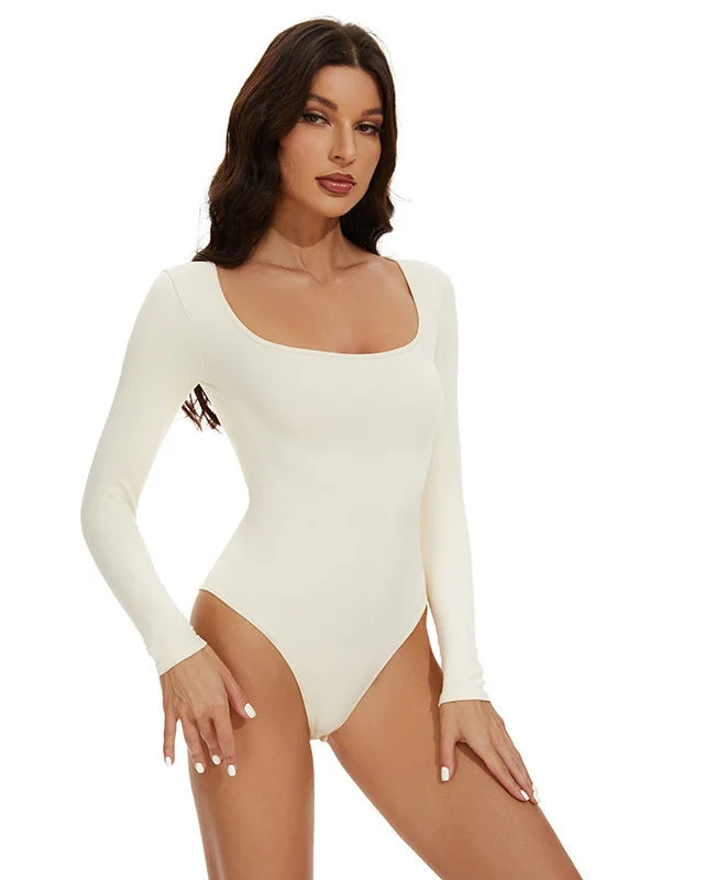 Sculpt Square Neck Long Sleeve Shapewear Thong Bodysuit