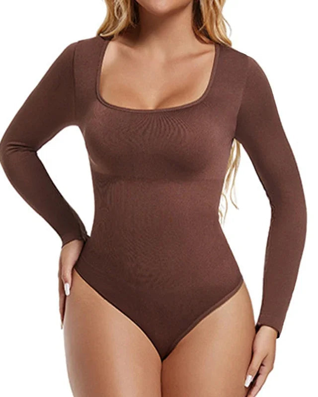 Sculpt Square Neck Long Sleeve Shapewear Thong Bodysuit