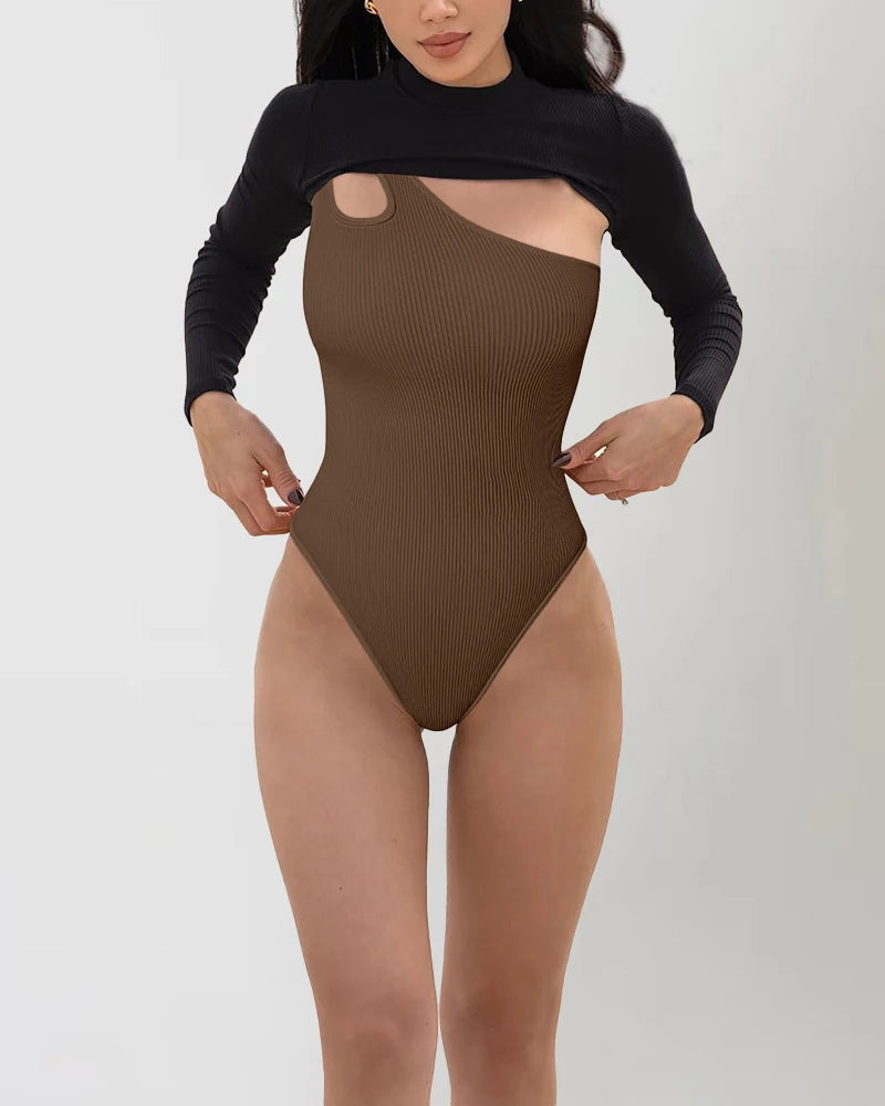 A person wearing a brown one-shoulder shapewear bodysuit with a asymmetric neckline.