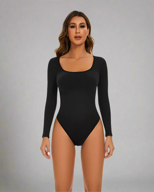 Sculpt Square Neck Long Sleeve Shapewear Thong Bodysuit